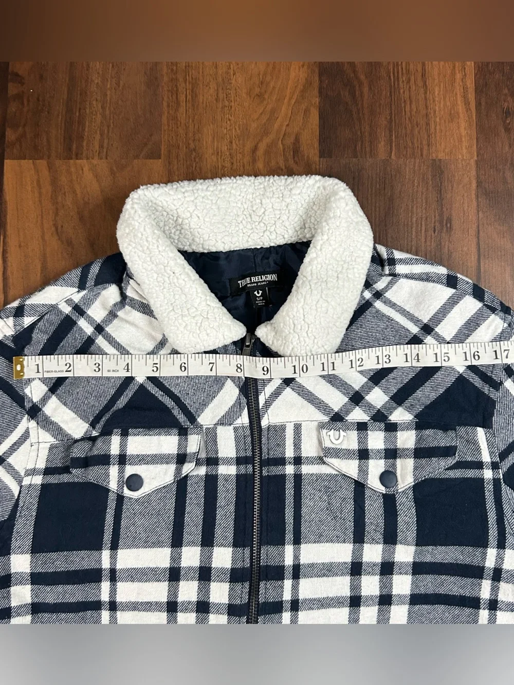 Y2K True Religion Navy & White Plaid Sherpa Collar Jacket